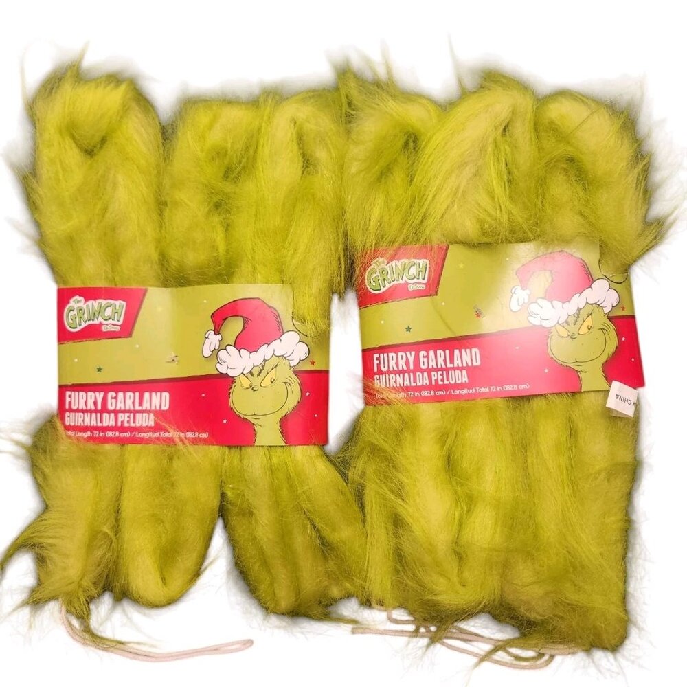 2 New Green Furry Fuzzy Grinch Christmas Tree Garland Tree Decor 72" L Each